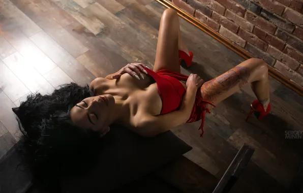 Pose, hair, Girl, figure, brunette, tattoo, legs, Sergey Minin