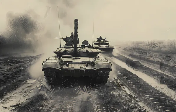 Picture Smoke, Retro, Dirt, Tanks, Digital art, Black and white, AI art, The Art of Artificial …