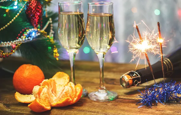 Branches, table, Board, bottle, Christmas, New year, beads, tinsel