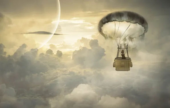The sky, girl, clouds, light, clouds, pose, fog, rendering