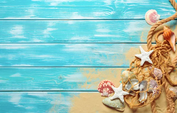 Sand, beach, summer, stars, shell, summer, beach, wood