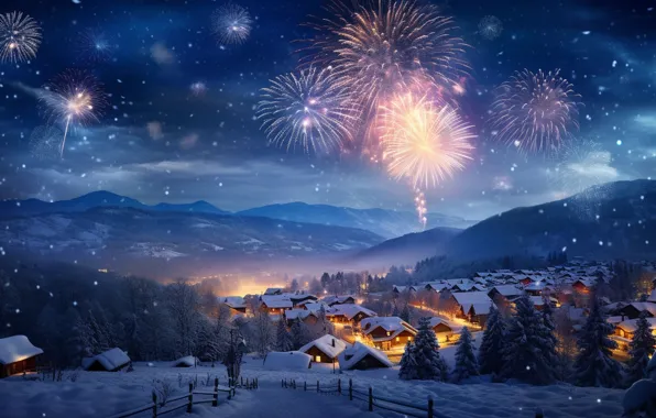 Picture winter, snow, night, lights, salute, New Year, village, Christmas