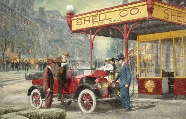 Picture the city, retro, people, car, gas station, 1920, Shell Station