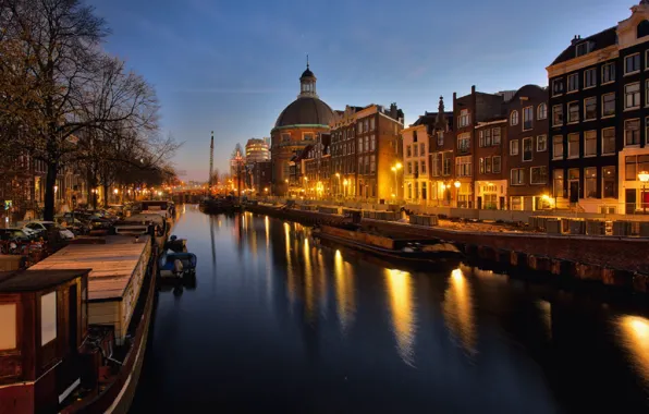 River, street, home, the evening, Amsterdam, lights, channel