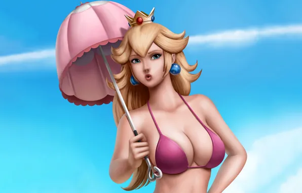 Girl, sexy, cleavage, long hair, boobs, umbrella, anime, blue eyes