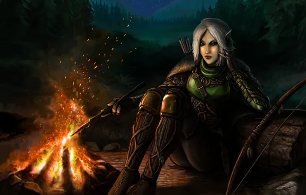 Forest, ass, look, girl, trees, night, feet, elf