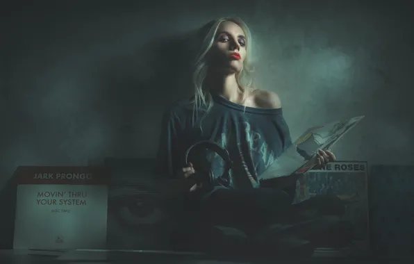 Look, girl, background, headphones, records