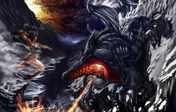 Picture girl, death, dragon, the evening, battle