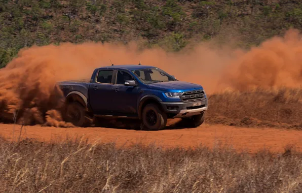 Blue, Ford, dust, Raptor, pickup, 2018, Ranger, dirt road