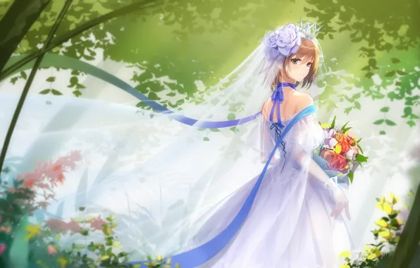 Girl, dress, anime, flowers, beautiful, ribbons, short hair, tree