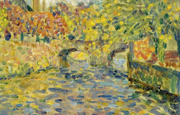 Landscape, river, picture, pointillism, Henry Le Sedane Products, Henri Le Sidane, Bridge. Kemper