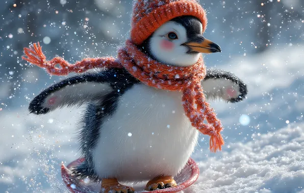 Winter, forest, snow, pose, bird, scarf, slope, Christmas