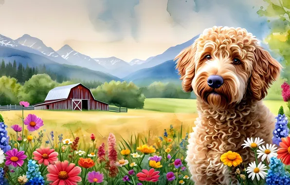 Field, flowers, mountains, dog, farm, illustration, AI art, neural network