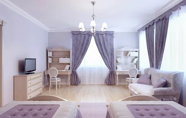 Picture chandelier, sofa, mansion, wardrobe, bed, curtains, bedroom, interior