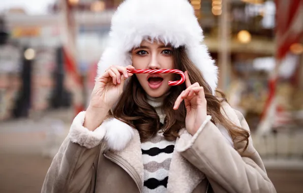 Girl, face, mood, hat, hands, Lollipop, candy, sheepskin