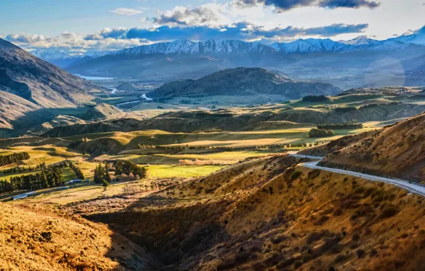 Road, the sky, clouds, snow, mountains, valley, hdr