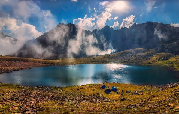 Clouds, landscape, mountains, nature, lake, The Caucasus, tourists, KCR