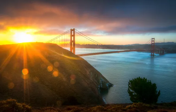 The sun, bridge, the city, morning, Golden gate, USA