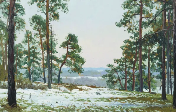 Picture oil, Canvas, FOREST, The first snow, Andrey GERASIMOV
