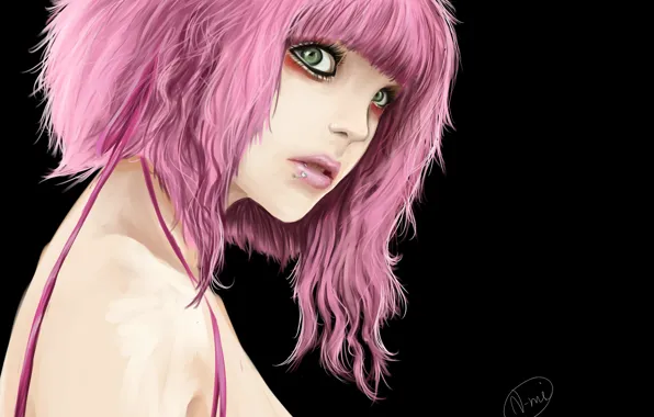 Girl, the dark background, piercing, art, pink hair