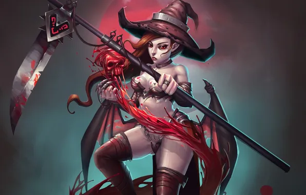 Picture girl, skull, hat, art, braid, witch, red eyes
