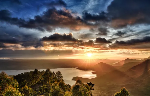 The sky, the sun, clouds, trees, sunset, mountains, lake, Indonesia