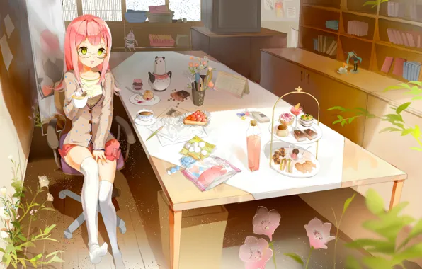 Picture table, room, toys, books, plants, chair, stockings, mirror