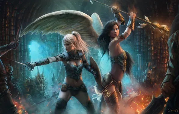 Girl, magic, elf, wings, fantasy, art, monsters, MAG