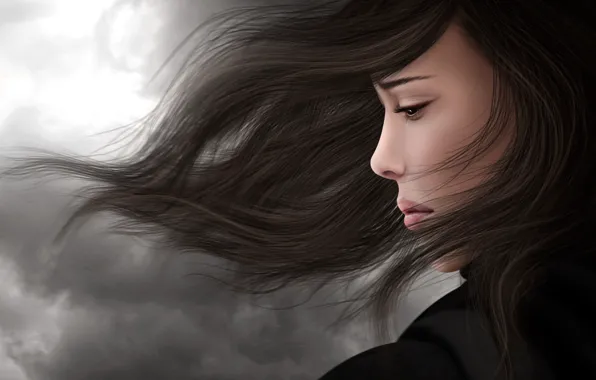 Picture sadness, girl, the wind, sadness, hair, brunette, profile