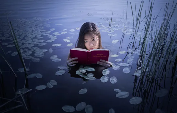 Girl, lake, book