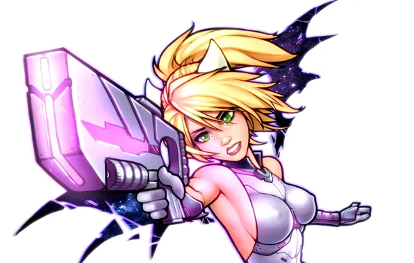 Chest, eyes, girl, gun, weapons, wings, art, blonde