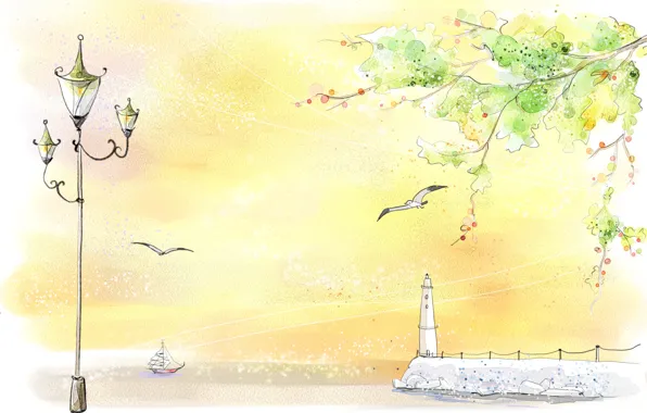 Figure, lighthouse, Seagull, lantern