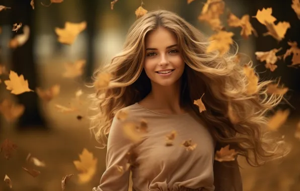 Autumn, look, girl, nature, face, smile, Park, the wind