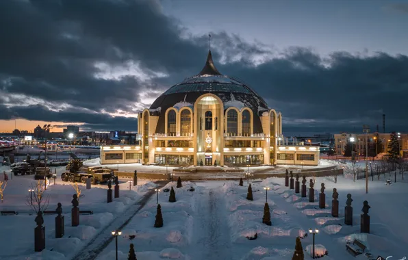 Winter, snow, night, the city, track, lighting, lights, Tula