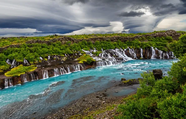 Picture trees, nature, rock, river, waterfall, cascade, Iceland