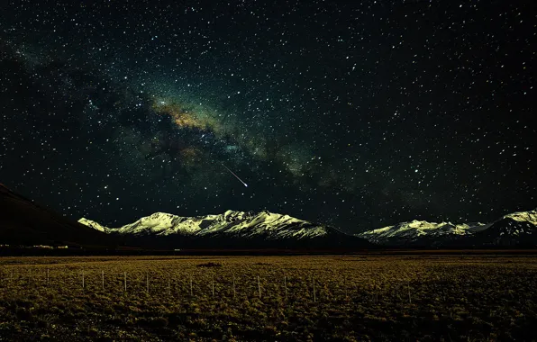 Space, stars, snow, mountains, the fence, field, The Milky Way, secrets