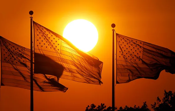 Sunset, USA, flags, New Jersey, Jersey City, Park Liberty State