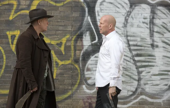 Gun, wall, graffiti, hat, knife, Bruce Willis, Bruce Willis, coat