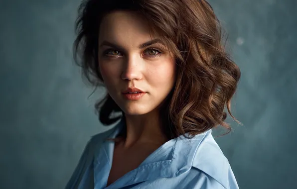 Picture girl, portrait, makeup, brunette, blouse, curls, Stanislav Gan