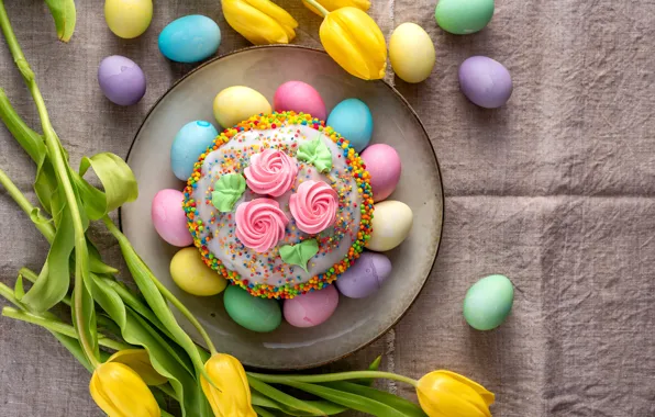 Picture flowers, eggs, spring, colorful, Easter, tulips, happy, cake