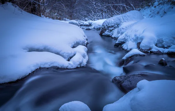 Winter, snow, nature, stream, stones, shore, for, the snow