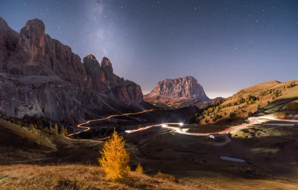 Road, autumn, the sky, mountains, night, lights, tree, rocks