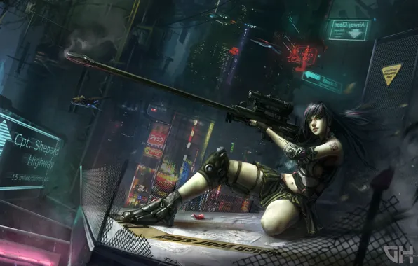 Picture girl, night, the city, lights, weapons, mesh, art, rifle