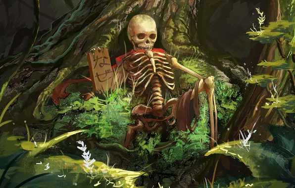 Red, plate, art, bones, cloak, forest. skeleton