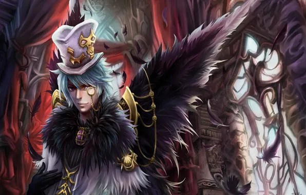 Picture castle, wings, hat, feathers, art, guy, cylinder, dragon nest