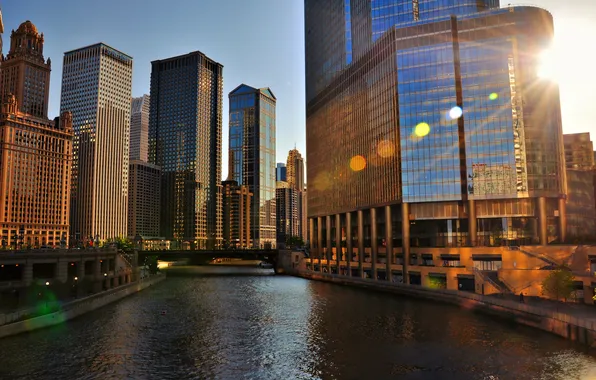 City, river, home, the evening, Chicago, Chicago