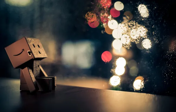 Picture glass, drops, night, the city, lights, table, Danbo, bokeh