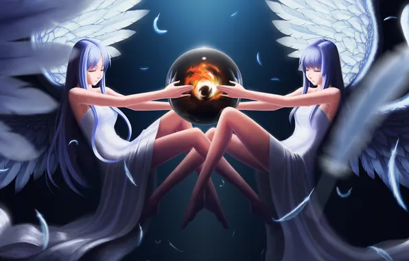 Picture flame, wings, Girls, feathers, angels, sphere, symmetry