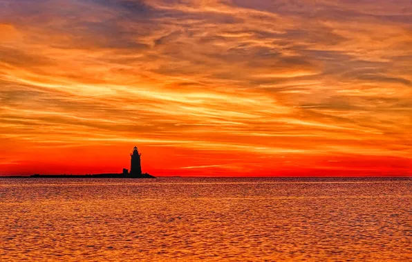 Picture sea, the sky, clouds, sunset, lighthouse, glow