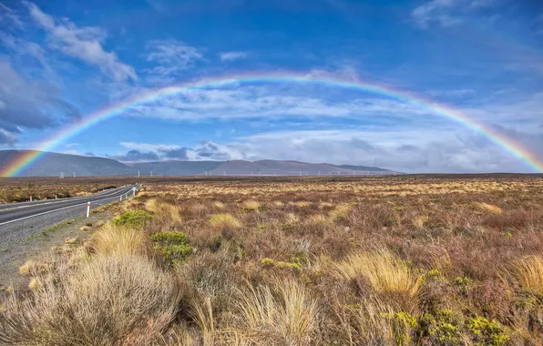 Road, grass, landscape, nature, hills, rainbow, new, new